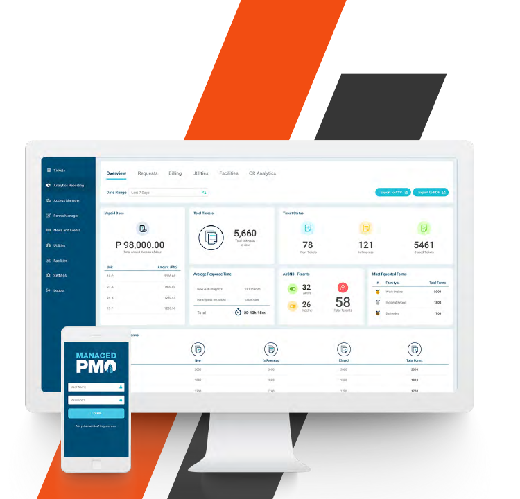 ManagedPMO property management dashboard on desktop and mobile